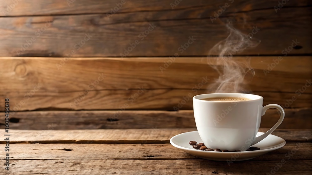 Obraz premium Steaming cup of coffee on a rustic wooden table