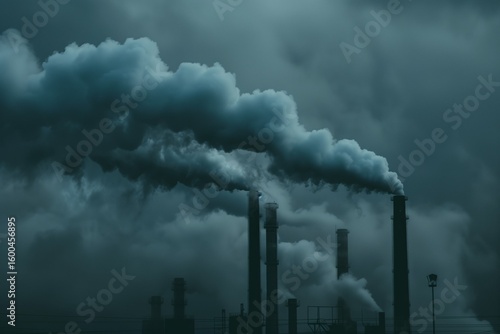 Industrial factory chimneys releasing dark smoke into sky, air pollution and climate change theme, gloomy background.
