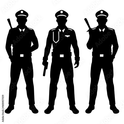 Three police officer standing uniform full body silhouette vector illustration