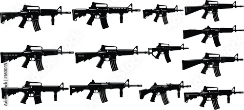 Silhouette set of assault rifles, automatic guns, military firearms collection, black rifle icons for tactical weapon design and combat illustration