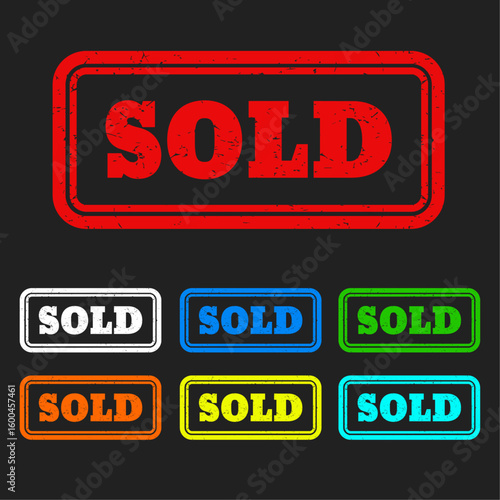 Sold Sign in various Colors: A collection of Sold signs in various colors, stamped against a dark background, ready for use in various scenarios.