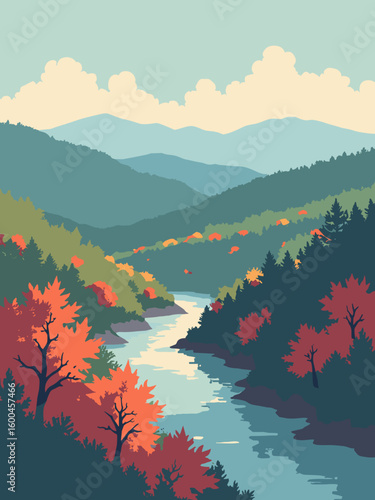 Asheville – Blue Ridge Parkway overlook in autumn foliage and river bend, with maple red, forest green, river blue, and mountain gray