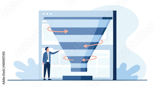 Man pointing at a funnel with arrows inside on a screen representing a sales process conversion flow