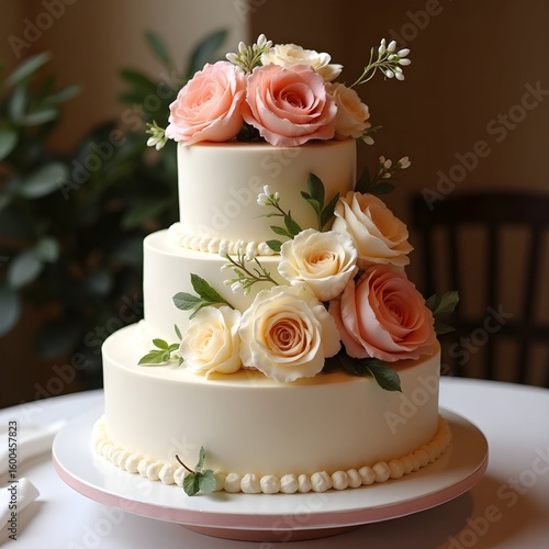 Three tier wedding cake with white and pink flowers
