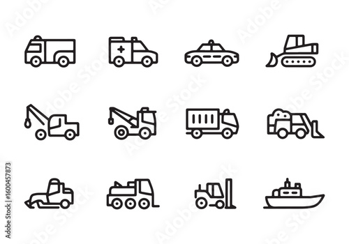 Collection of black line art icons of various vehicles and construction equipment transport transportation
