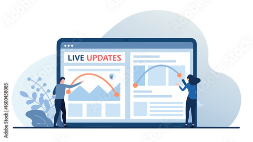 People interacting with a live updates dashboard on a large screen with charts and data display