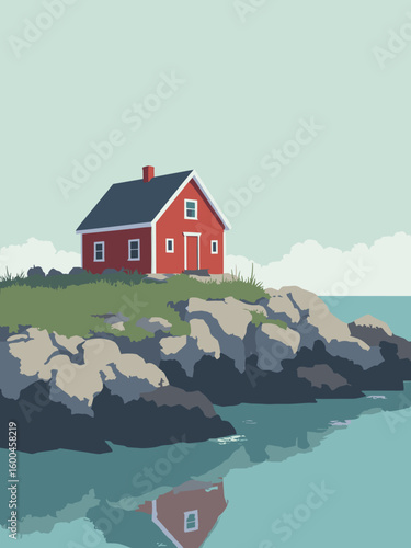 Rockport – Motif No.1 fishing shack atop granite rocks in barn red, granite gray, sea green, and overcast sky blue