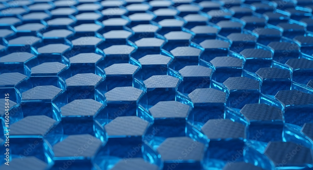 Fototapeta premium Futuristic Blue Hexagon Pattern with Glowing Edges, Abstract Hexagonal Grid Background with Carbon Fiber Texture and Deep Blue Illumination