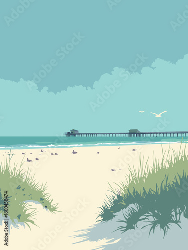 Gulf Shores – Sugar‑white sand beach with piers and seagulls in alabaster, turquoise sea, dune grass green, and sky azure
