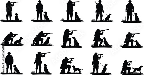 Silhouette of hunter with dog, aiming with rifle, sitting and standing poses, outdoor hunting scene, vector design, wild adventure