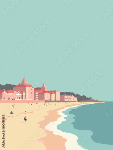 Biarritz – Grande Plage surf and Belle Époque facades in surf aqua, sand beige, coral pink, and slate gray
