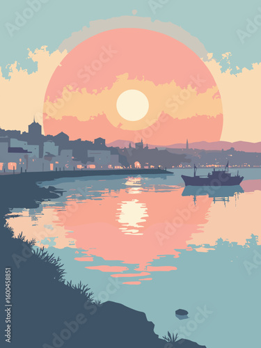 San Sebastián – La Concha Bay and city skyline at dawn in shell pink, bay blue, ember orange, and slate gray reflections