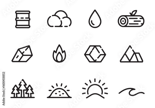 Collection of black outline icons representing nature and industry elements barrel oil barrel