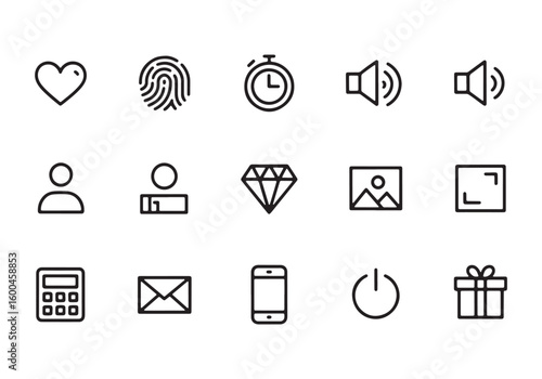 Collection of black outline icons for user interface and digital applications graphic
