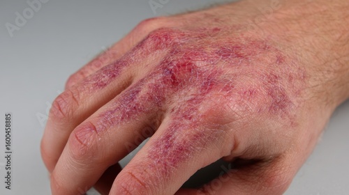 Visual of healing firstdegree burn on hand displaying vivid red heat marks and mild epidermal irritation.