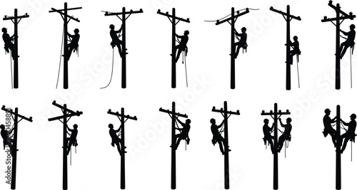 Electric linemen climbing poles, power line maintenance, utility workers silhouette, electricity repair vector, safety gear, high voltage cable workers, black illustration
