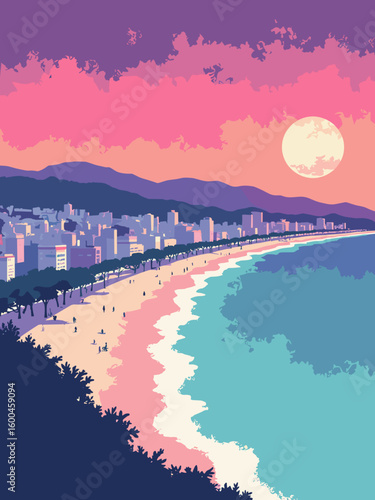 Busan – Haeundae Beach and skyline at dusk in neon pink, ocean teal, city gray, and sunset violet