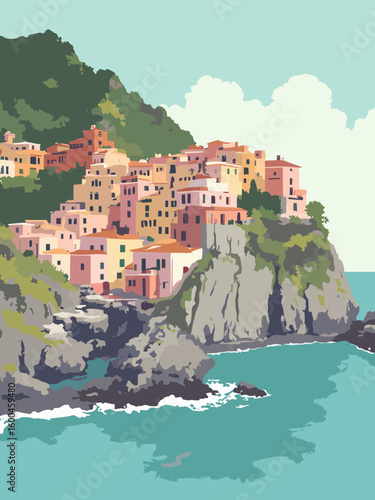 Positano – Cliffside houses stacked above the sea in terracotta, pastel pink, sea turquoise, and olive green