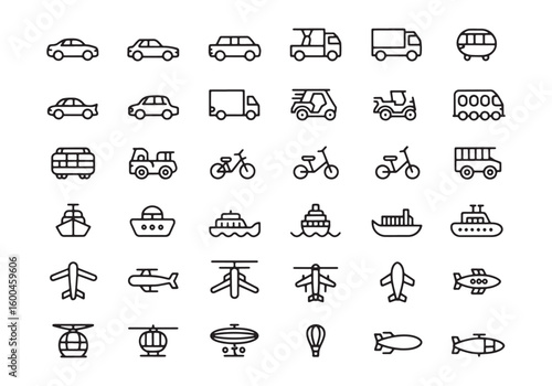 Collection of black outline transportation icons including cars trucks bicycles boats airplanes and helicopters