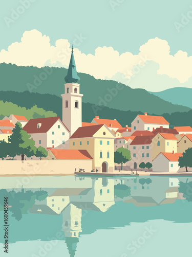 Wallpaper Mural Telč – Historic town square facades and lake reflections in pastel yellow, mint green, peach, and lake blue Torontodigital.ca