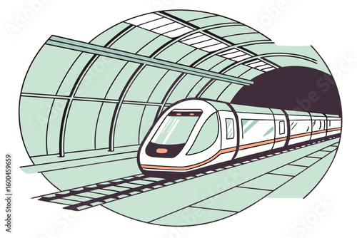 Illustration of a modern train inside a tunnel with overhead structure and tracks on a light background