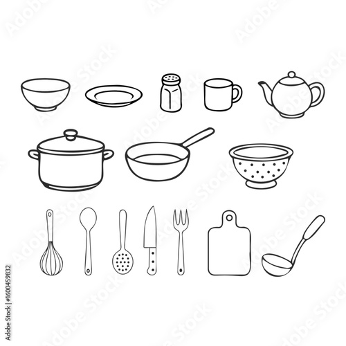 Kitchen tableware plates cups forks knives kettle black and white set FlatOutline style vector