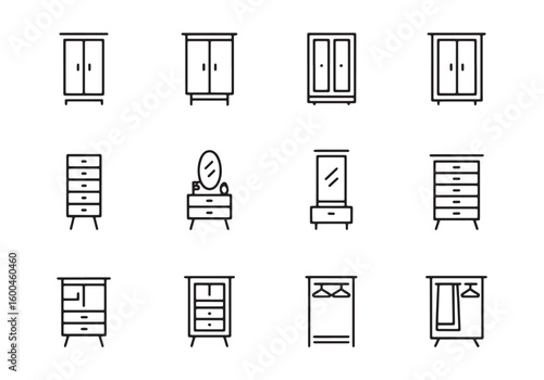Collection of line art icons representing various types of wardrobes and dressers wardrobe icon dresser icon