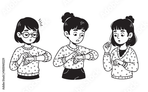 Woman checking watch impatiently cartoon vector illustration set