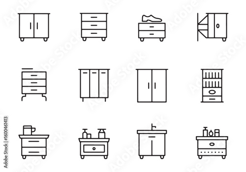 Collection of simple line art icons depicting various furniture and storage units cabinet dresser