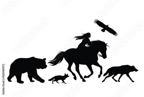 native american shaman woman riding  horse and wild animals running aside - black and white vector silhouette outline of girl, stallion, bear, fox, wolf and eagle bird