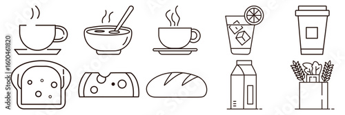 Line icons illustrating hot drinks soup cold beverages bread cheese milk and groceries Vector