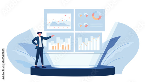 A man in suit presenting data on multiple screens with charts and graphs analysis for business