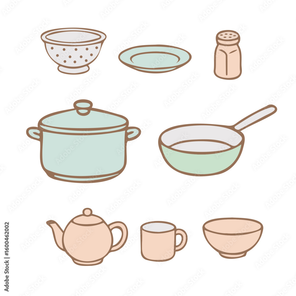 Obraz premium Kitchen cookware set color white background FlatOutline style vector