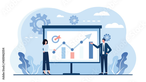 Business presentation with chart showing growth with two people presenting data analysis