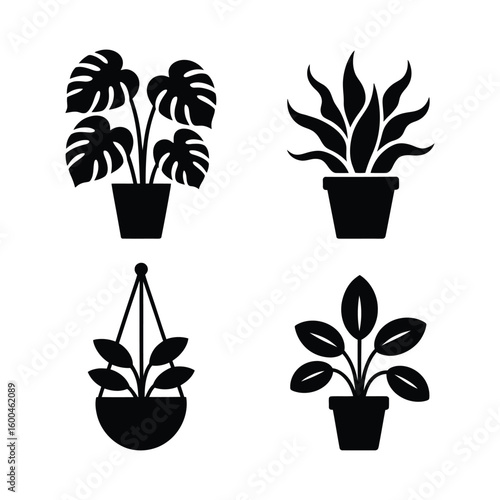 Collection of four houseplant silhouettes in pots