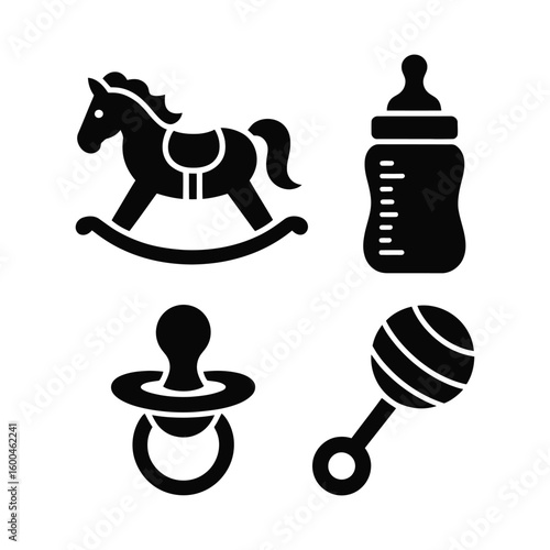 Collection of baby items rocking horse bottle pacifier and rattle silhouette