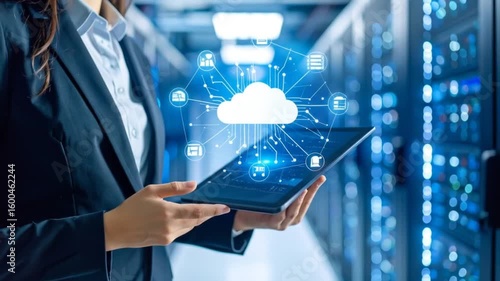 Cloud Technology: Woman Using Tablet in Data Center for Network Management