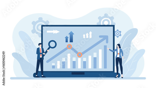 Business analytics presentation with people analyzing growth chart on a large screen display panel