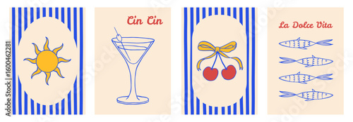 Dolce Vita hand-drawn vintage posters. Summer Italy. Retro blue and yellow vector print. Trendy Italian posters with sun, martini, sardines, cherry