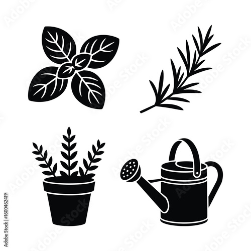 Four garden icons featuring herbs and watering can silhouette