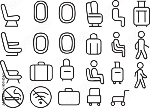 Airplane interior icons seating luggage windows people no smoking wifi vector
