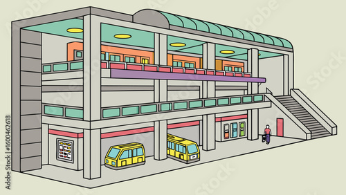 Illustration of a two story bus station with buses and a person with a suitcase arriving at the station