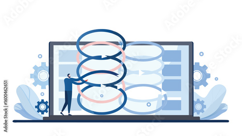 Man interacting with circular flow chart on a laptop screen with gears and leaves design elements around it