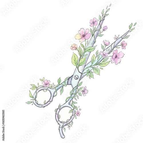 Floral scissors with leaves and blossoms artistic design art