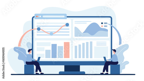 Two people analyzing data on a large computer screen with charts and graphs displayed clearly visible