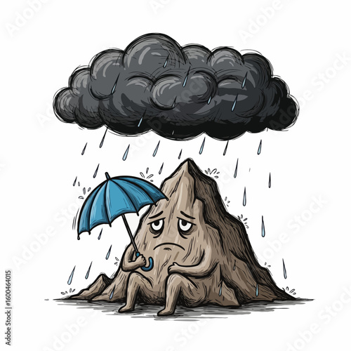 A sad mountain under a rain cloud holding an umbrella alone