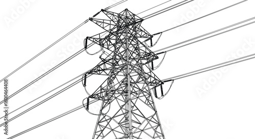 High voltage electricity transmission tower, power lines structure, steel lattice pylon, energy infrastructure, industrial grid, engineering, wireframe illustration, utility pole