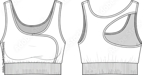 Women’s sports bra technical flat sketch, front and back view, cut out detail, rib hem, CAD drawing flat vector illustration