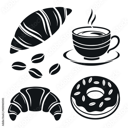 Breakfast food icons with croissant donut, coffee cup and coffee beans in black silhouette style