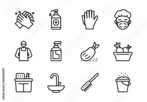 Set of icons depicting hygiene and cleaning related items and actions washing hands soap dispenser